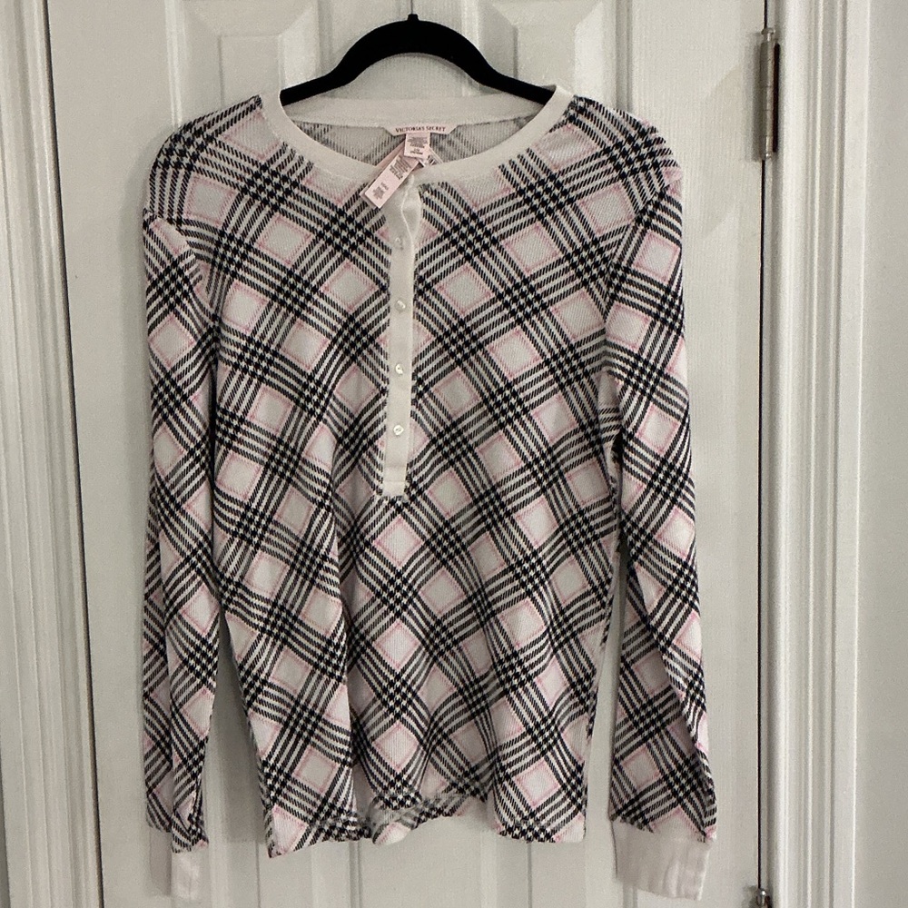 NWT Victoria's Secret Pink, Black & White Plaid Henley Long-Sleeve Top
